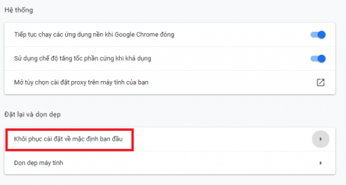 Reset trình duyệt Google Chrome