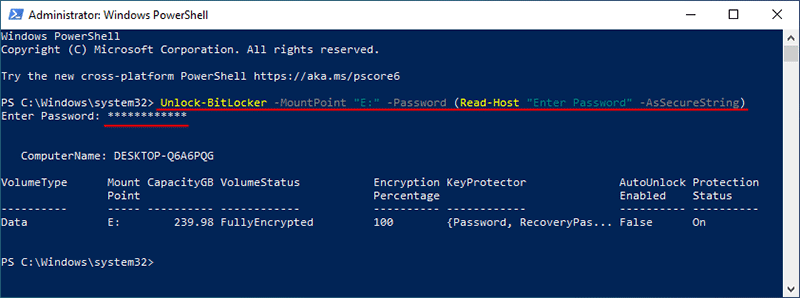 mở khóa ổ BitLocker bằng powershell