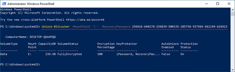 sử dụng khóa khôi phục trong powershell