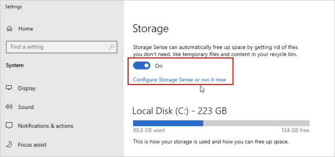 Turn on Storage Sense